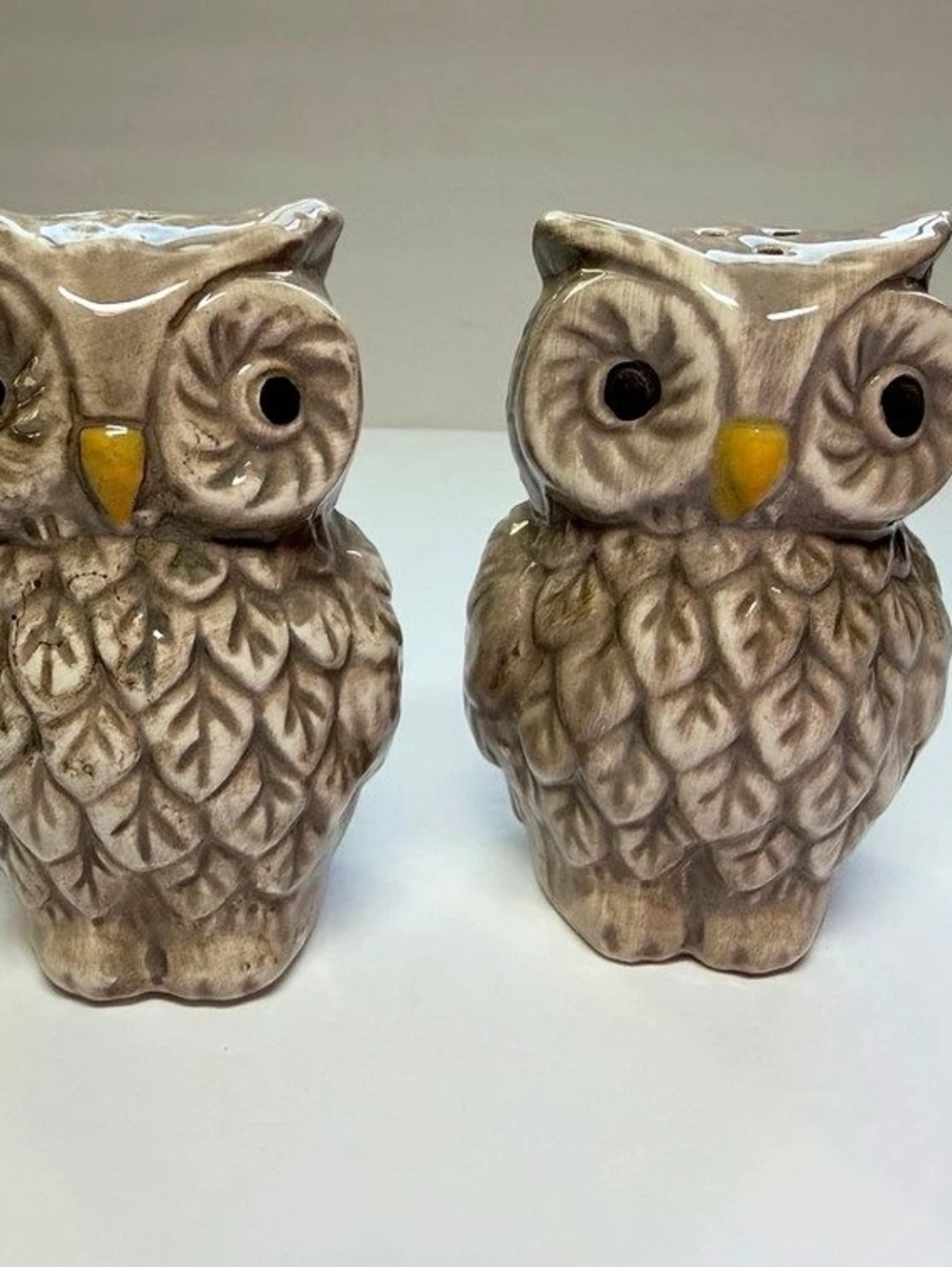 Ceramic Owl Salt & Pepper Set Figurine Pair in Brown & White
